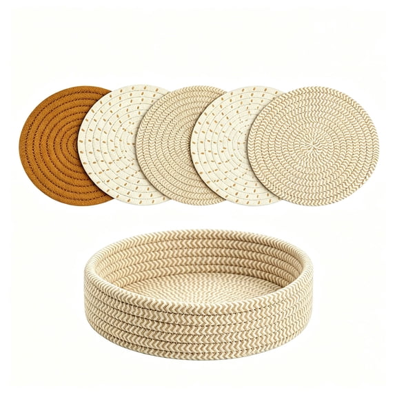 Surpdew Woven Cotton Rope Round Placemats Set of 5 Pcs with Holder Heat Resistant Placemats, Handmade Boho Woven 8" Placemats,Non-Slip Place Mats for Your Perfect Table Decor