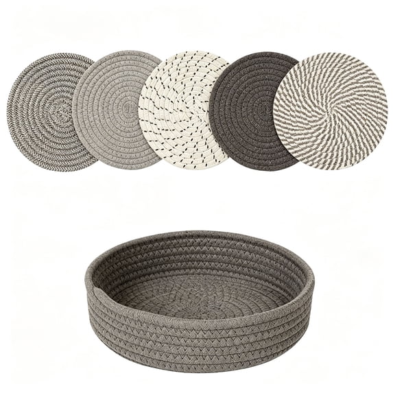 Surpdew Woven Cotton Rope Round Placemats Set of 5 Pcs with Holder Heat Resistant Placemats, Handmade Boho Woven 8" Placemats,Non-Slip Place Mats for Your Perfect Table Decor