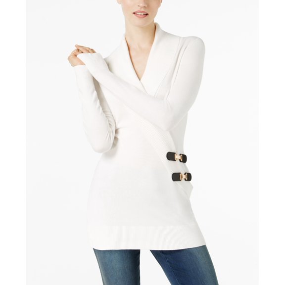 Surplice Buckle Tunic Sweater Washed White XXL