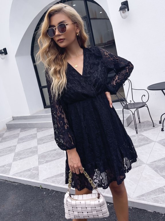 Surplice Neck Bishop Sleeve Lace Dress for Women Above Knee Length