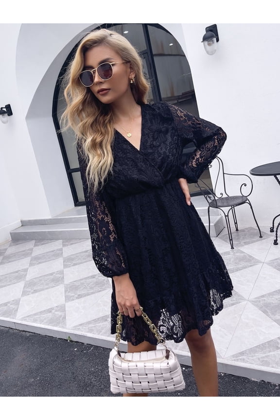 Surplice Neck Bishop Sleeve Lace Dress for Women Above Knee Length