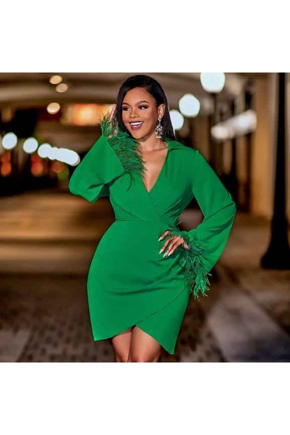 Surplice Neck Flare Sleeve Feather-Trimmed Asymmetrical Mini Dress