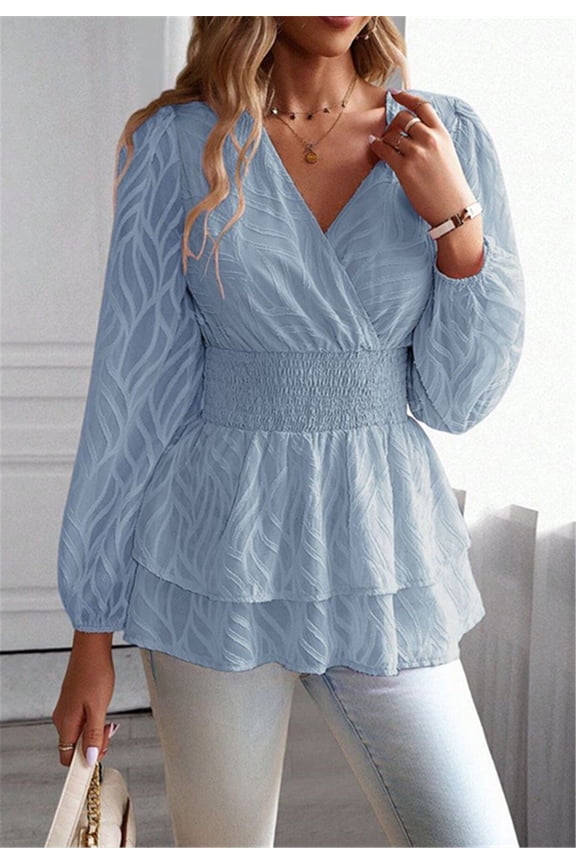 Surplice Neck Leaf Print Shirred Waist Tiered Peplum Hem Blouse Blue Medium