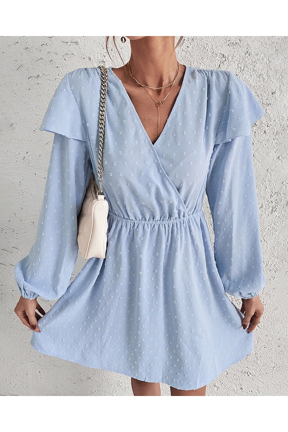 Surplice Neck Swiss Dot Ruffle Shoulder Light Dress for Women