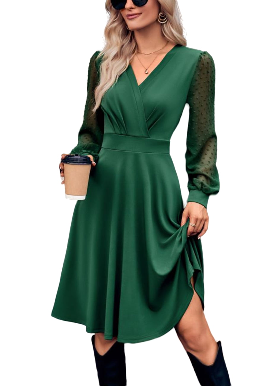 Surplice Sheer Swiss Dot Long Sleeve Dress for Women Knee Length Olive Green  Small - Walmart.com