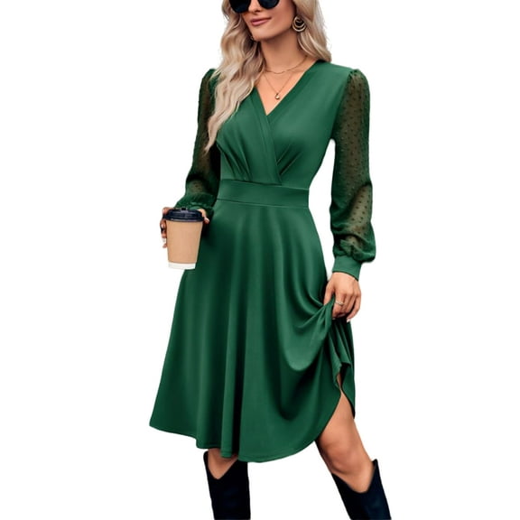 Surplice Sheer Swiss Dot Long Sleeve Dress for Women Knee Length Olive Green Small