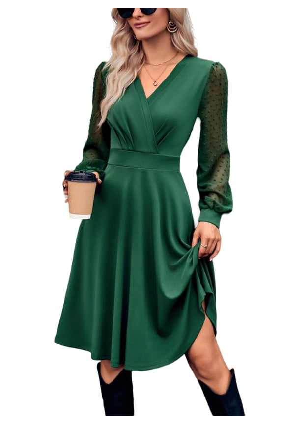 Surplice Sheer Swiss Dot Long Sleeve Dress for Women Knee Length Olive Green Small