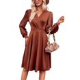 thumbnail image 1 of Surplice Sheer Swiss Dot Long Sleeve Dress for Women Knee Length Rustic Red Small, 1 of 5