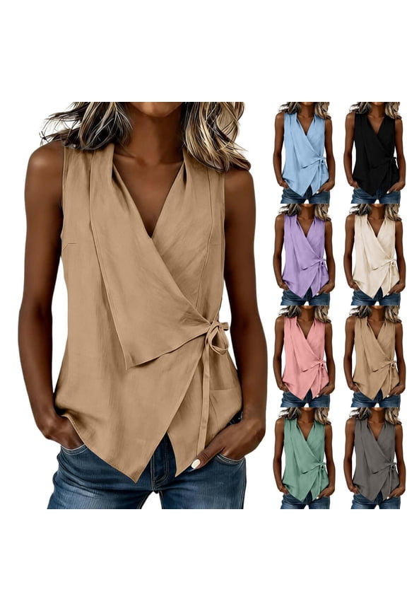 Surplice V-Neck Tank Top for Women, Sleeveless Tie Side Wrap Blouse - Loose Fit Solid Color Summer Casual Shirt Khaki XL