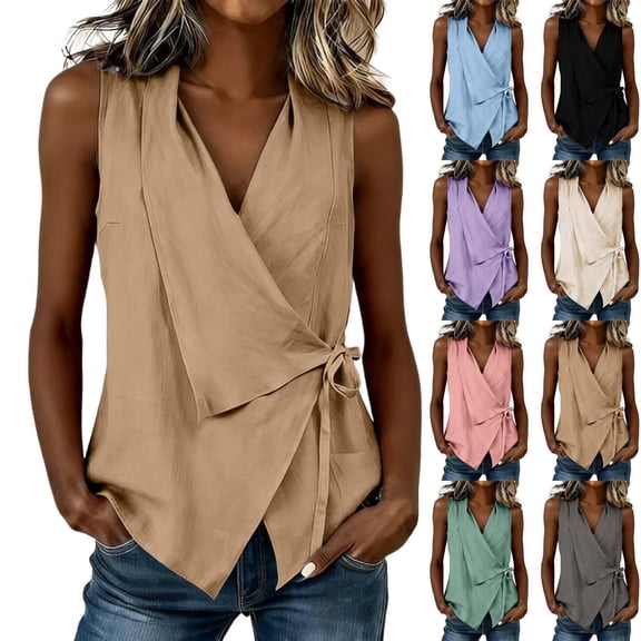 Surplice V-Neck Tank Top for Women, Sleeveless Tie Side Wrap Blouse - Loose Fit Solid Color Summer Casual Shirt Pink M