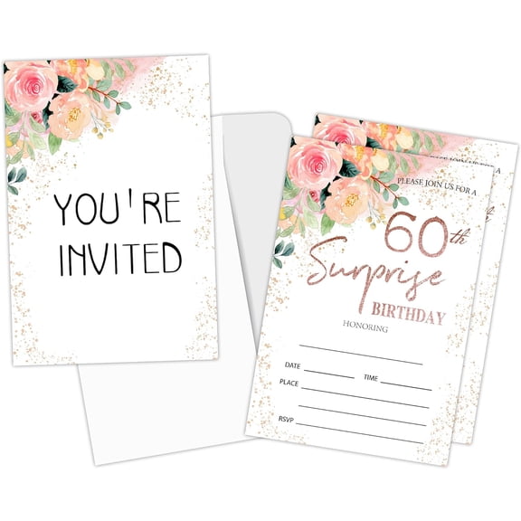 Surprise 60th Birthday Party Invitations Cards - 60 Years old Rose Floral Pink Theme Party Supplies for Adult, Woman or Man - 20 Fill in Birthday Party Invitations and 20 Envelopes set/62