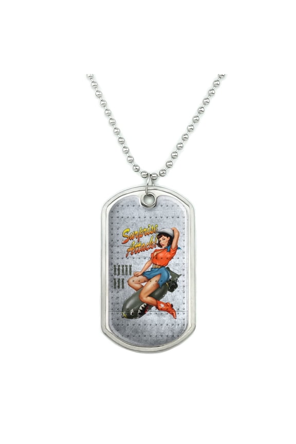 Surprise Attack Pin Up Girl Missile Military Dog Tag Pendant Necklace with Chain