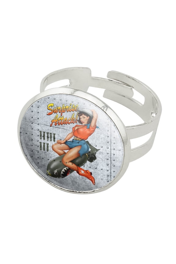 Surprise Attack Pin Up Girl Missile Silver Plated Adjustable Novelty Ring