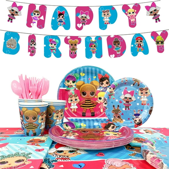 Surprise Doll Party Supplies, 114 Pcs LOL Party Tableware Kit - Surprise Doll Tablecloth Plates Cups Napkins etc. Surprise Doll Theme Party Supplies Girls Birthday Party Decoration,Serves 16