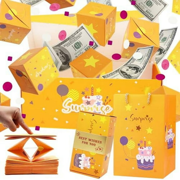 Surprise Gift Box Explosion for Money, Unique Folding Bouncing Red Envelope Gift Box with Confetti, Cash Explosion Luxury Gift Box for Mom Birthday Anniversary Valentine Proposal (16 Bounces)(Yellow)