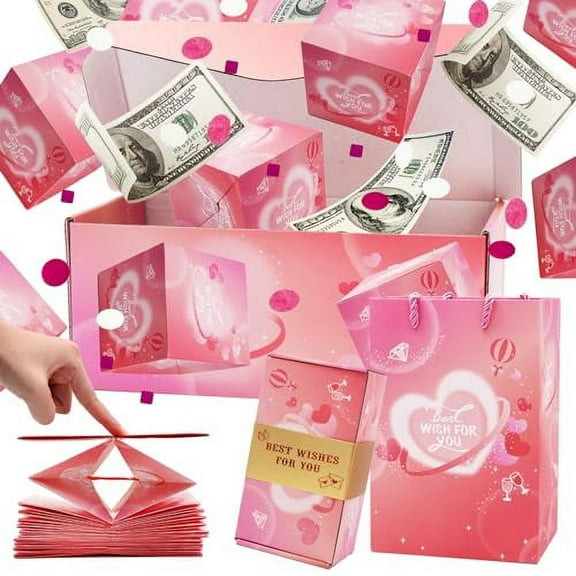 Surprise Gift Box Explosion for Money, Unique Folding Bouncing Red Envelope Gift Box with Confetti, Cash Explosion Luxury Gift Box for Birthday Anniversary Valentine Proposal (6 Bounces) (Pink)