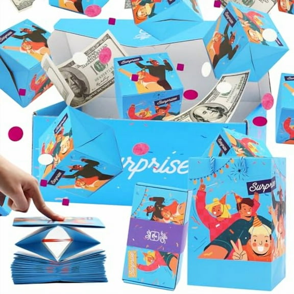 Surprise Gift Box Explosion for Money, Unique Folding Bouncing Red Envelope Gift Box with Confetti, Cash Explosion Luxury Gift Box for Birthday Anniversary Valentine Proposal(12 Bounces,Blue)