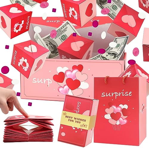 Surprise Gift Box Explosion for Money, Unique Folding Bouncing Red Envelope Gift Box with Confetti, Cash Explosion Luxury Gift Box for Mom Birthday Anniversary Valentine Proposal (12 Bounces)(Red)