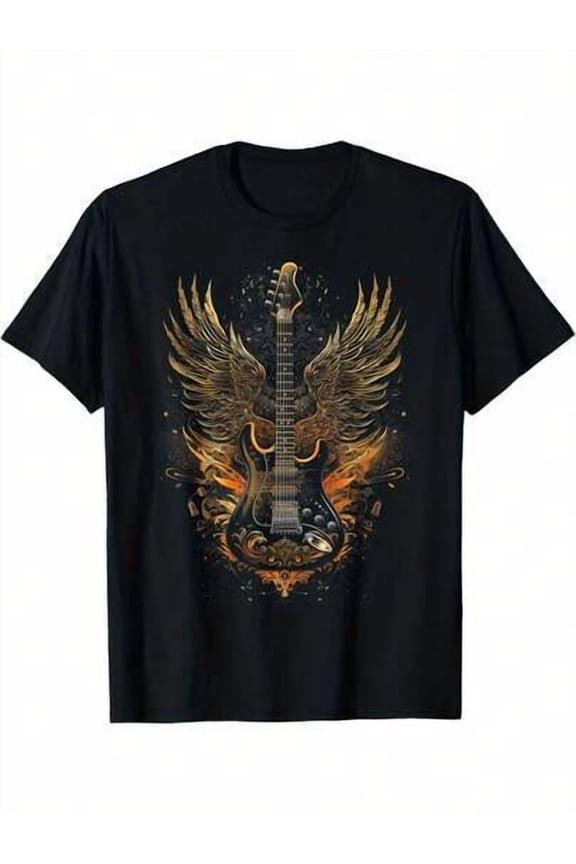 A Surprise Gift For Family And Friends Men's Rock ; Roll Wings Guitar Graphic T-Shirt - Bold Music Design. 100% Black Cotton. Casual Loose Fit. Machine Washable - Perfect For All Seasons