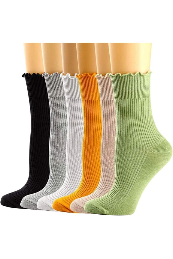Mary Womens Socks, Ruffle Turn-Cuff Casual Crew Socks Breathable Cool Knit Cotton Lettuce Ankle Frilly Sock 6 Pack
