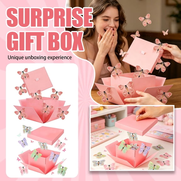 Surprise Pop Up Gift Box Surprise Gift Box Explosion Flying Butterfly Surprise Box with 8 Paper Butterflies Pink Shredded Paper and Pink Ribbon for Birthday Bridal Shower Gifting