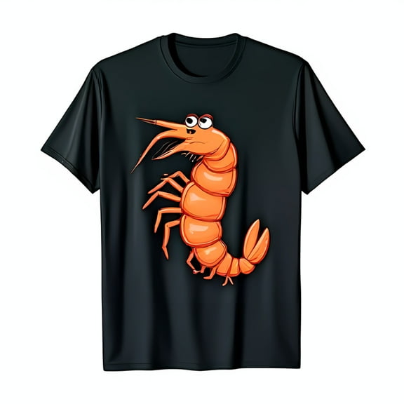 Surprised Cartoon Shrimp Graphic Black T-Shirt Fun Shrimp Design with Outstretched