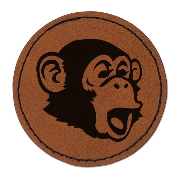 Surprised Chimpanzee Ape Head Monkey 2.5" Faux Leather Round Engraved Iron-On Patch - Brown