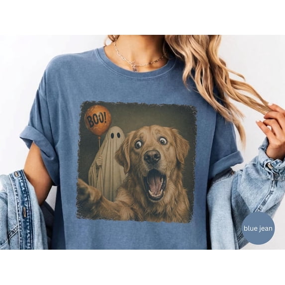 Surprised Golden Retriever with Ghost Halloween T-shirt, Dog Spooky Tee