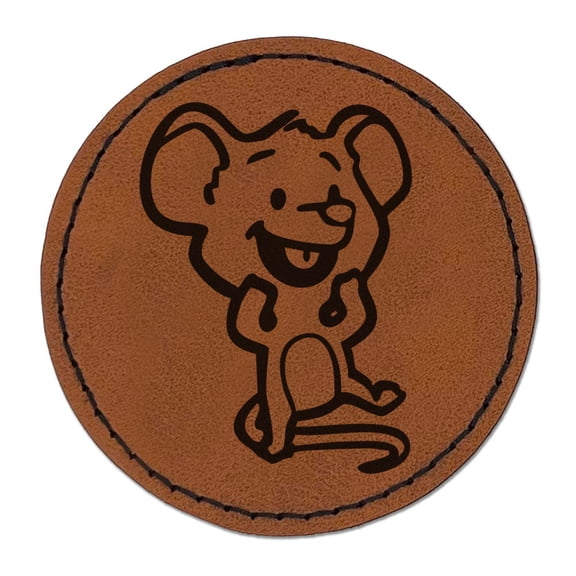 Surprised Happy Cartoon Mouse Rodent Rat Round Iron-On Engraved Faux Leather Patch Applique - 2.5 Inch - Brown