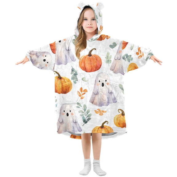 Surprised Specters Pumpkins Leaves Halloween Flannel Wearable Blankets Hooded Design Long Sleeves Wrap Unisex for 3T-14Y S