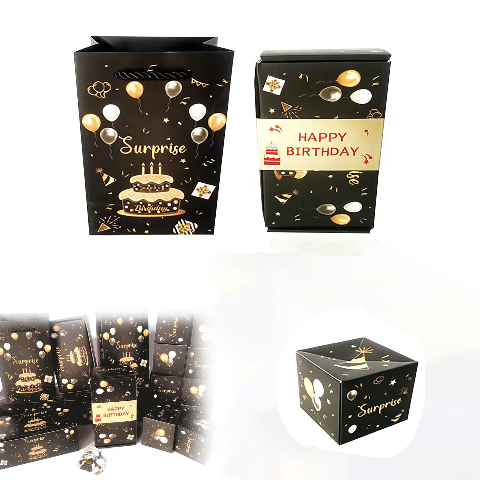 Surprising DIY Birthday Box Set with Matching Bag, Black Gold Pop Up ...