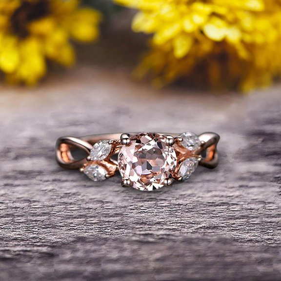 Surprisingly 2 Carat 6mm Round Cut Gemstone Morganite Engagement Ring On 10k Rose Gold Moissanite Ring Promise Ring for Bride Art Deco Anniversary Gift