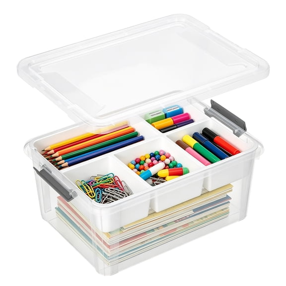 Surprizo 17 Qt Clear Plastic Storage Bins with Lid & 5 Grids Removable Tray, Craft Bead Sewing Small Tool Playdoh Art Supply Organizer, White