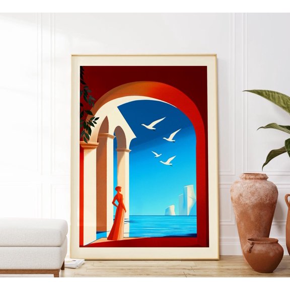 Surreal Abstract Modern Art Poster, Red - Beige - Blue Wall Art Print, Contemporary Modern Art, Eelagnt Women By The Sea With Birds Wall Art, Modern Wall Decor, 12x18 UNFRAMED
