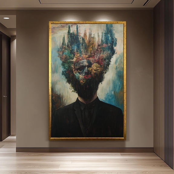 Surreal Abstract Of Man With Melting Forest Head In Dark Suit Dreamlike Fantasy Portrait Colorful Landscape Explosion Wall Art Print