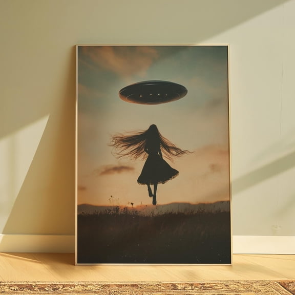 Surreal Alien Abduction UFO Wall Art Print, Retro Sci Fi Decor Unframed Paper Print