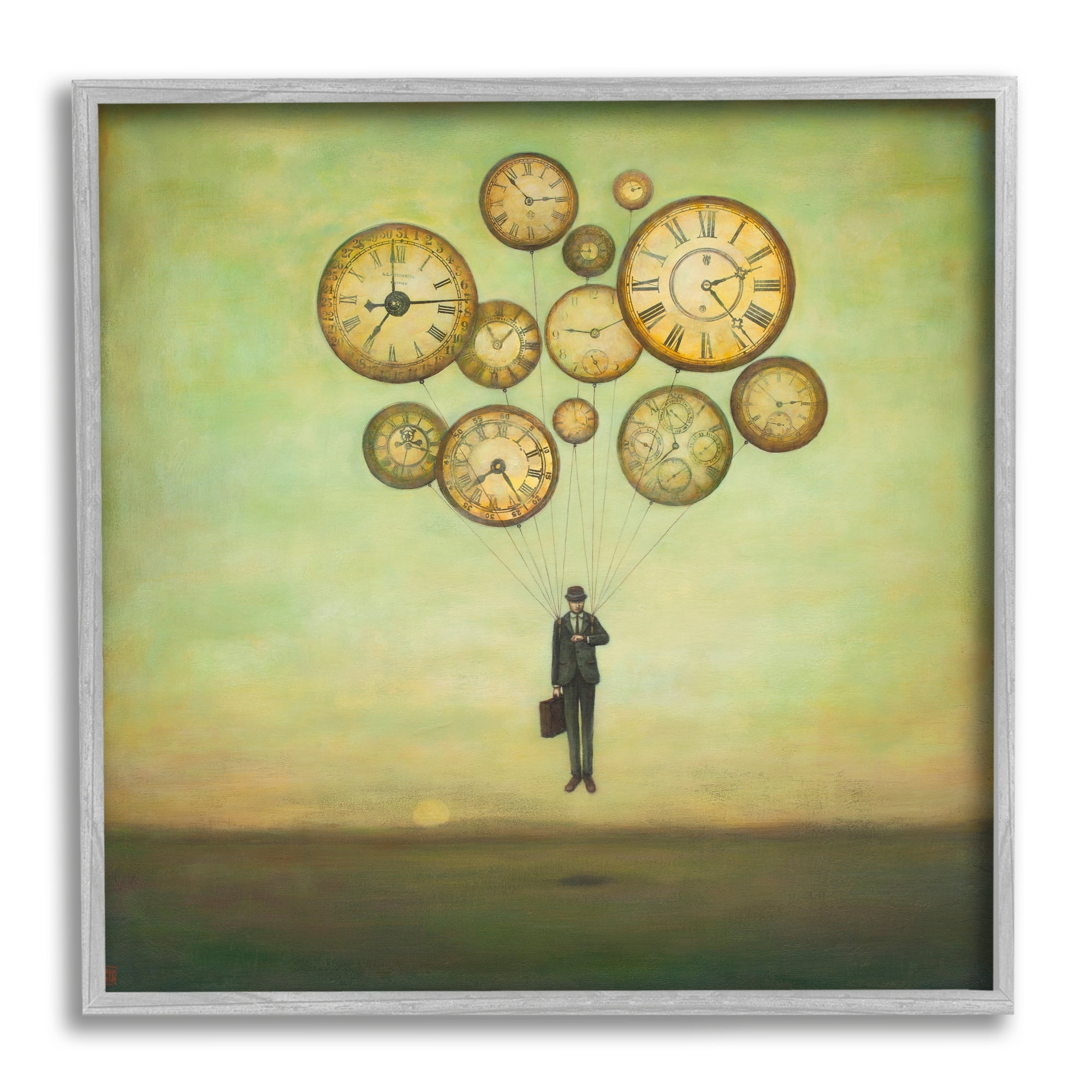 Surreal Analog Clocks Balloons Floating Businessman Suit Novelty Painting Framed Art Print Wall Art