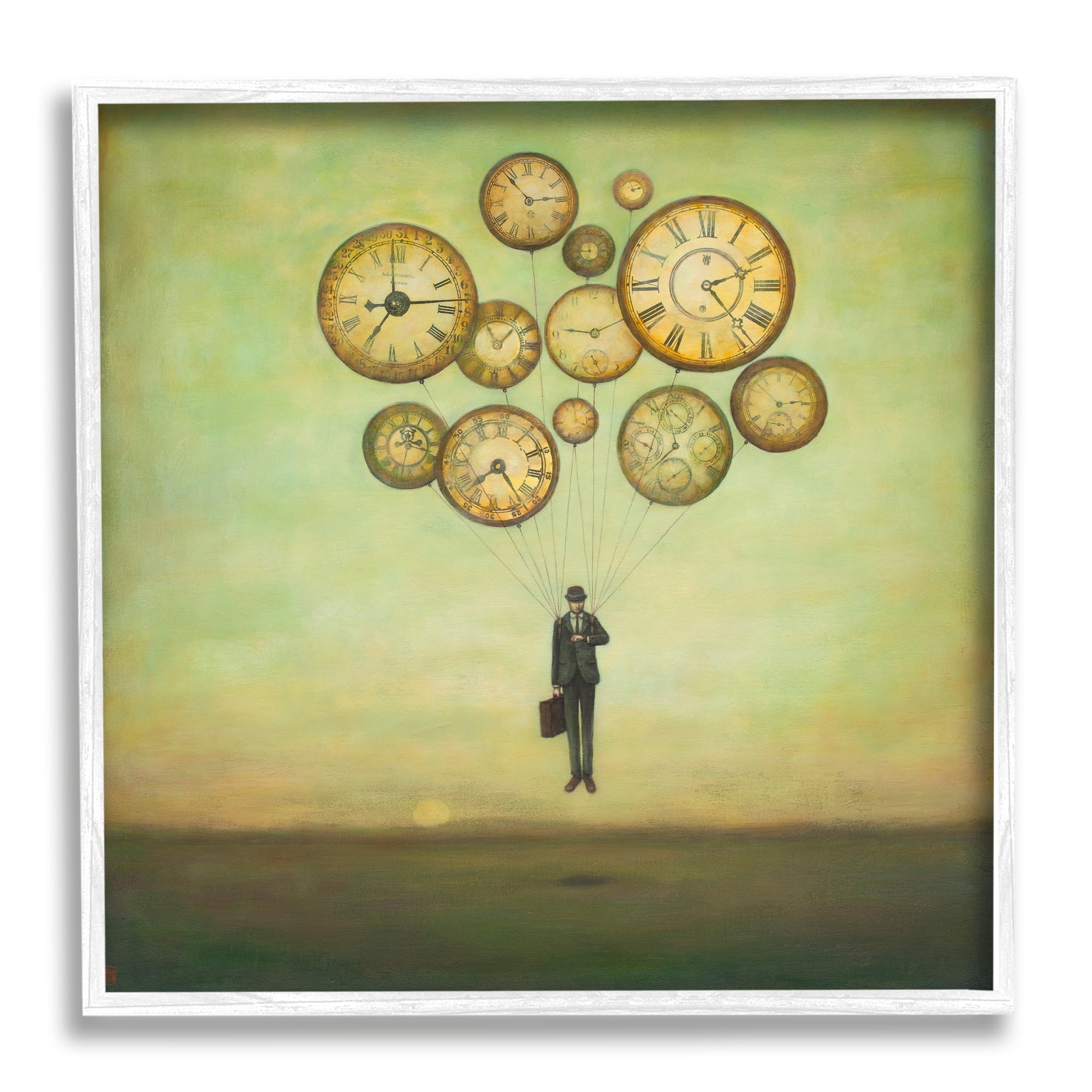 Surreal Analog Clocks Balloons Floating Businessman Suit Novelty Painting Framed Art Print Wall Art