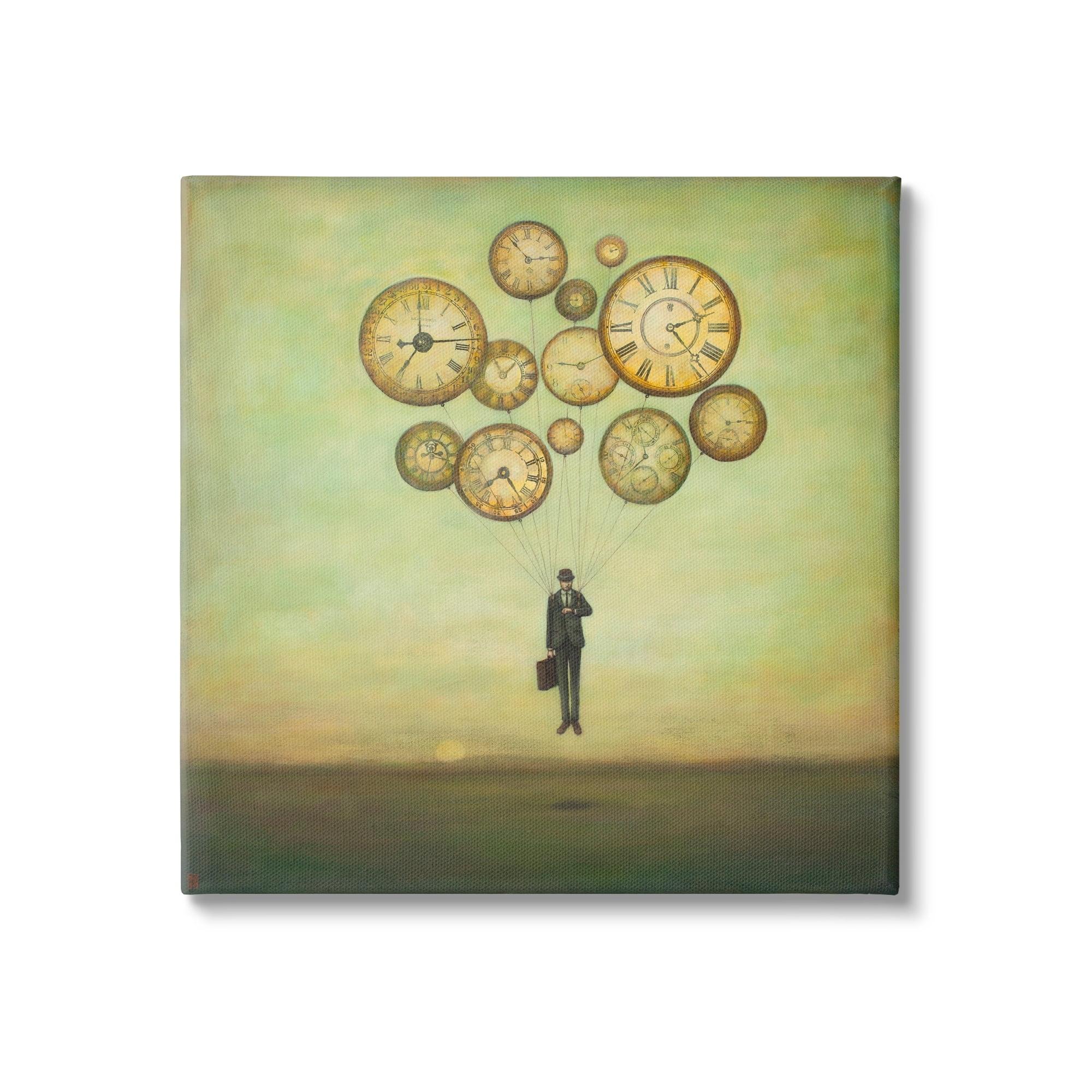 Surreal Analog Clocks Balloons Floating Businessman Suit Novelty Painting Gallery-Wrapped Canvas Print Wall Art