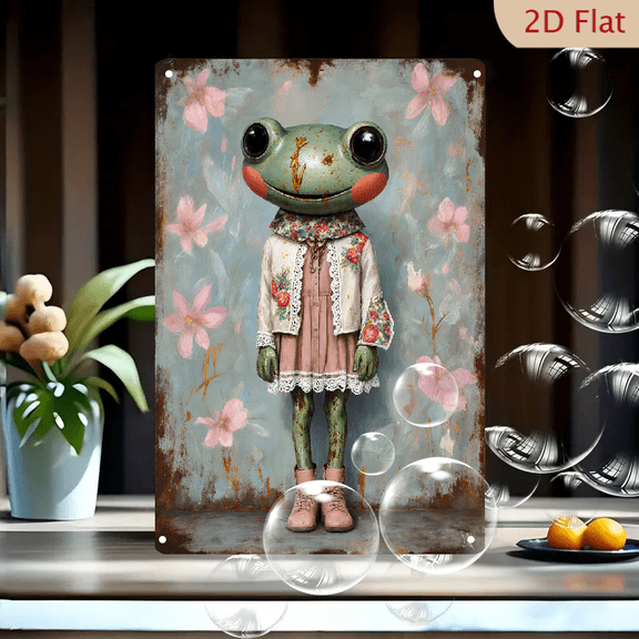 Surreal Anthropomorphic Frog Portrait 8x12 Inches Metal Wall Art, Vintage Floral Dress with Cross, Pink Cheeks and Green Scales on Blue Background, Rustic Weathered Border for Home Decor