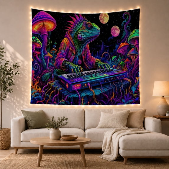 Surreal Anthropomorphic Lizard With Resembling Iguana Spiky, Mystical Fantasy for Space Lovers, Wall Decor, Housewarming Gift, Tapestry Wall Hanging for Dorm and Living Room