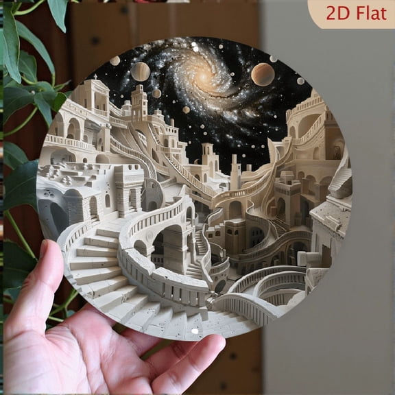 Surreal Architectural Maze Round Aluminum Wall Art, Escher Style Labyrinth Decor, Cosmic Galaxy Staircase Fantasy Metal Print, 8 x 8 Inch Circular Wall Hanging for Living Room Bedroom Office