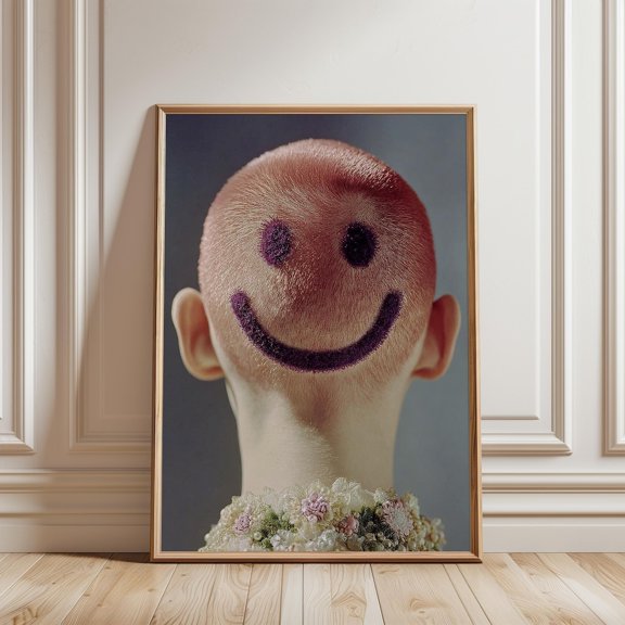 Surreal Bald Head Smiley Face Print Quirky Modern Wall Art Playful Contemporary Design, Unframed Paper Print