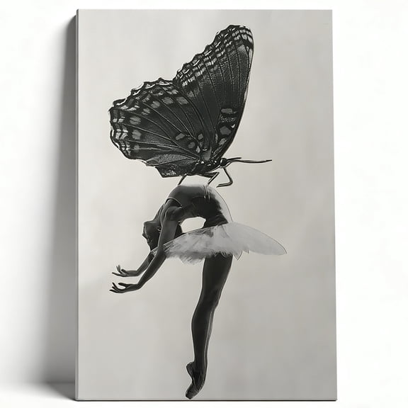 Surreal Ballerina With Butterfly Wings Premium Framed Canvas Wall Art - Dreamy Black And White Decor For Bedroom Ballet Studio, Easy To Hang, High-Definition Print 8*12inch(20*30cm)