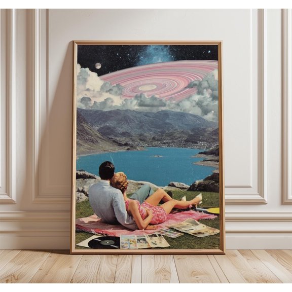 Surreal Beach Collage Art Print, Retro Saturn Sky Poster, Poster Only