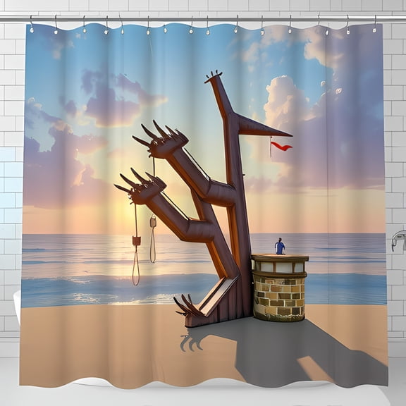 Surreal Beach Scene Shower Curtain - Dreamy Ocean Sunset with Wooden Ship Mast & Blue Bird Design Tranquil Pastel Colors for a Calming Bathroom Decor