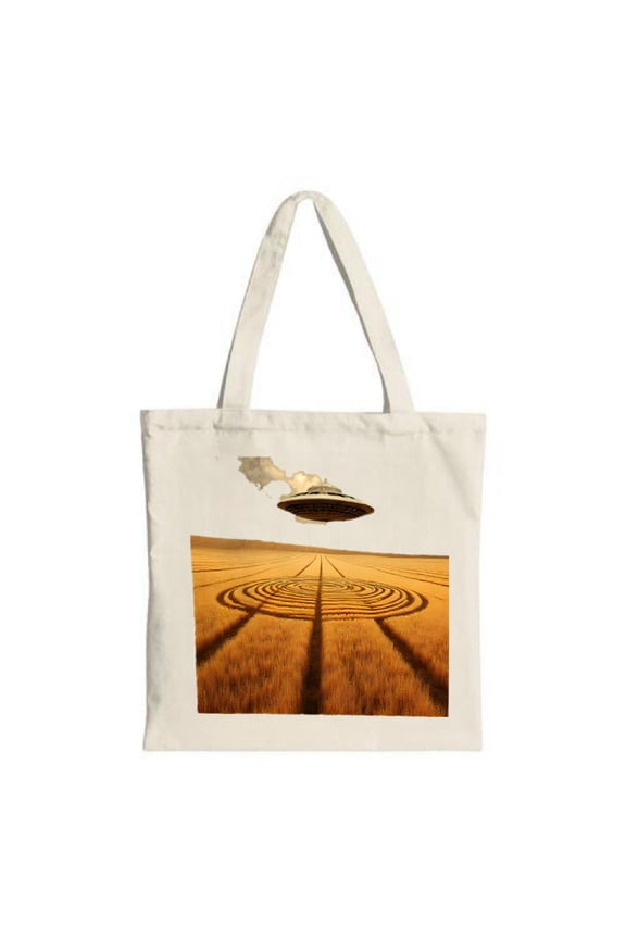 Surreal Beige Tote Bag with Golden Crop Circle Patterns & Flying Saucer Design - Perfect for Travel Parties & Shopping