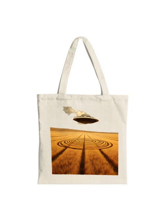 Surreal Beige Tote Bag with Golden Crop Circle Patterns & Flying Saucer Design - Perfect for Travel Parties & Shopping