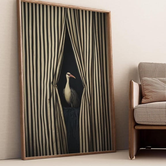 Surreal Bird Wall Art Print, Black and White Striped Curtain Illustration, Modern Abstract Statement Artwork,, Unframed Paper Poster 8x10in