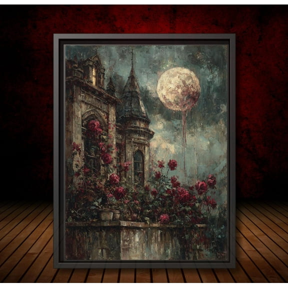 Surreal Blood Moon Over Castle With Red Roses Wall Art Poster Gothic Fantasy Poster Whimsical Dark Nature Decor, Style, Unframed Poster Size 8x12